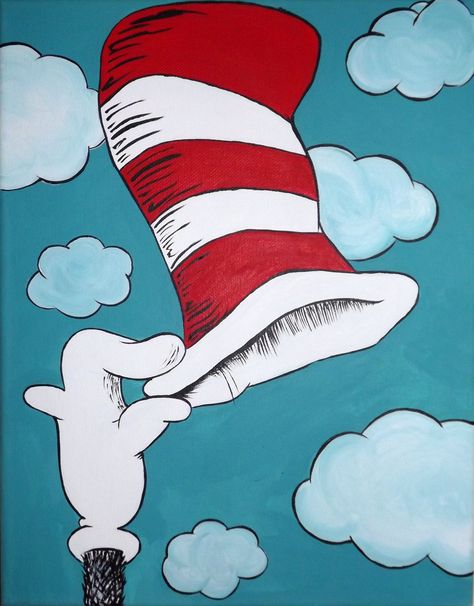 The Cat that belongs to the Cat in the Hat.  Acrylic Painting inspired by Dr. Seuss. 11x14 by Jessie Fernandes Dr Seuss Canvas Painting, Cat In The Hat Painting, Cat In The Hat Wallpaper Dr. Seuss, Dr Seuss Hat Drawing, Dr Seuss Painting Ideas, Dr Suess Hat Drawing, Dr Suess Drawings, Dr Seuss Aesthetic, Dr Suess Painting