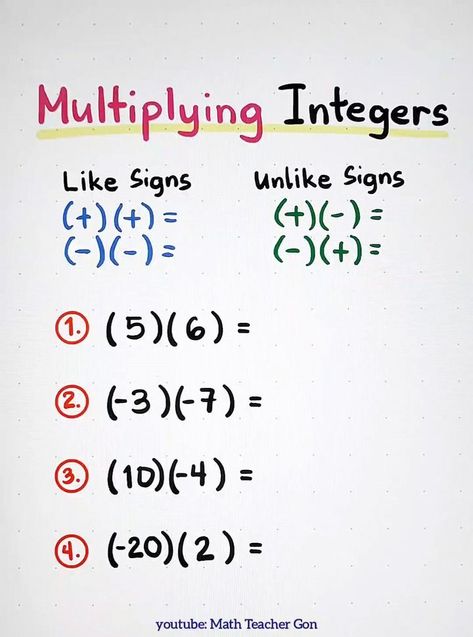 Math Notes Aesthetic 7th Grade, Integers 7th Grade Math, Integers Anchor Chart, Multiplying Integers, Maths Notes, Dividing Integers, Math Integers, Math Charts, Learning Mathematics