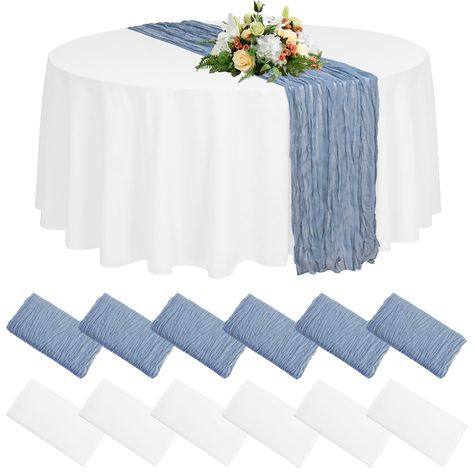 PRICES MAY VARY. 【What You Will Receive】 You will receive 6 packs 90 inches round white polyester tablecloth and 6 packs 35 x 120 inches dusty blue gauze table runners. The round table cloth and cheesecloth table runner set match harmoniously and look so gorgeous. And you can use the round tablecloth or cheesecloth table runner to decorate your party separately. 【Reusable & Soft】 These romantic tablecloth and table runners set are made of premium polyester. Soft feeling, reusable, washable and f Navy And Dusty Blue Tables, White Table Cloth With Gray Runner, Dusty Blue Round Table Runner, White And Blue Tables, Rpund Table Runner, Blue White Silver Table And Chairs Party, Baby Blue Linen Party Table Images, Cheescloth Table Runner Round Table, Round Table Runner On Round Table