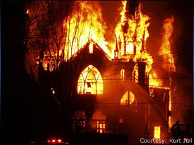 The burning church that pony boy and Johnny pulled the kids out of. Church On Fire, Celtic Frost, Persecuted Church, Watch The World Burn, Arte Van Gogh, Fire Burning, Orange Aesthetic, Poses References, On Fire