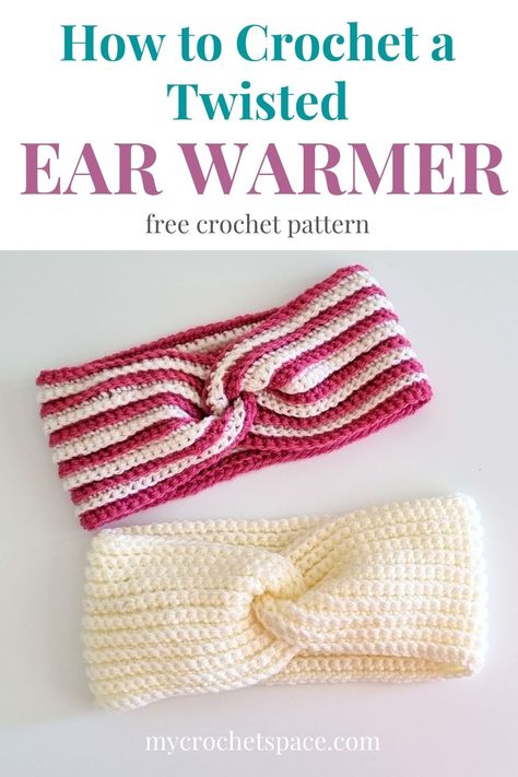 Crochet a simple & twisted ear warmer with this easy free crochet pattern! All you need to know is some basic crochet stitches, it's a beginner friendly crochet pattern! Crochet Bandana Pattern, Crochet Ear Warmer Free Pattern, Crochet Ear Warmer Headband, Twisted Ear Warmer, Crochet Blanket Stitches, Crochet Headband Tutorial, Crochet Ear Warmers, Crochet Ear Warmer Pattern, Ear Warmer Pattern