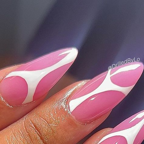 BIG LO the almond slayer on Instagram: "🩷🤍.,  . . Extreme Pink” @nailedbycleo_shoppe code: DBL10  . . Line work done with 15mm/20mm liner brush @nailedbycleo_shoppe UNMATCHED  . . #almondnails #pinknails #longnails #shortnails #abstractnails #naildesigns #dfwnailtech #dallasnailtech" Acrylic Nails With White, Nails With White, Liner Brush, Graphic Liner, Pink Acrylic, Line Work, Pink Acrylic Nails, Nail Tech, Almond Nails