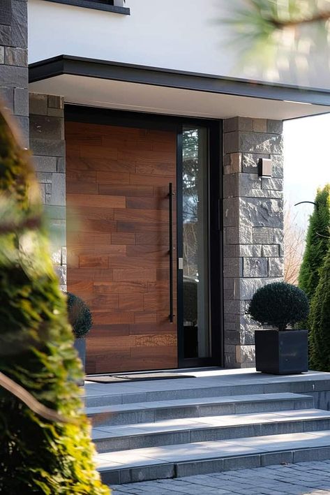 Modern Doors Exterior Entrance Wood, Back Entrance Ideas, Walnut Front Door, Front Door Contemporary Entrance, Modern Mountain Home Exterior Front Doors, Modern Entry Doors With Sidelights, Contemporary Front Door Entrance Wood, Front Door Frosted Glass Design, Exterior Door