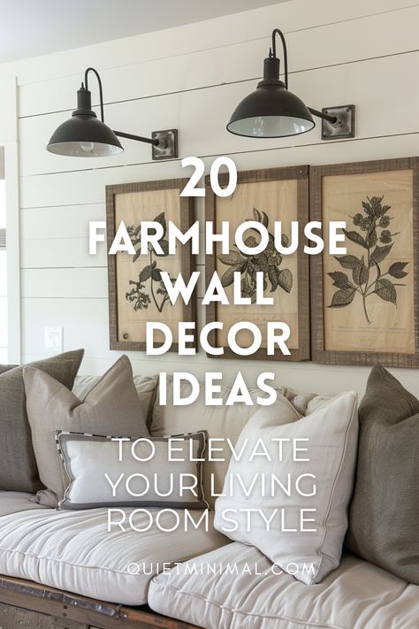 Elevate your living room style with farmhouse-inspired wall decor ideas above the couch. Explore rustic accents and timeless pieces to create a cozy and inviting atmosphere. #LivingRoomStyle #FarmhouseDecor #WallArt Over The Couch Wall Decor Ideas Farmhouse, Ideas For A Large Wall In Living Room, Simple Living Room Wall Decor Ideas, Wall Gallery Ideas Living Room, Farmhouse Gallery Wall Living Room, Living Room Wall Ideas Above Couch, Large Wall In Living Room, Decorating A Large Wall In Living Room, Small Farmhouse Living Room Ideas