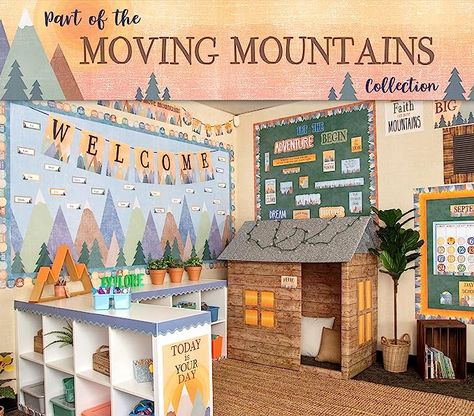 Remind students that learning is a journey filled with adventures along the way with this earthy-hued mini bulletin board! 19 total pieces. Adventure piece measures 19" x 5-1/4" 4 title pieces spelling out “Let the Adventure Begin” 15 decorative signs with positive sayings Mountain Bulletin Board Ideas, Moving Mountains Classroom Theme, Moving Mountains Classroom, Adventure Awaits Classroom Theme, Adventure Classroom Theme, Mountain Themed Classroom, Mountain Classroom Decor, Mountain Classroom, Adventure Classroom