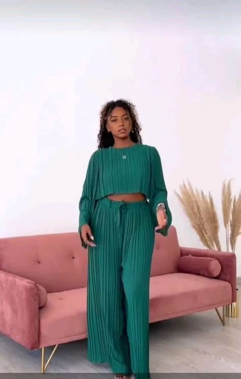 Palazzo Pants Style, Sunray Two Piece Styles, Wide Leg Pants And Crop Top Outfit, 2 Pices Dress, Sunray Fabric Styles, 2piece Outfits Pants, Green 2 Piece Outfit, Palazzo And Crop Top, Palazzo And Top