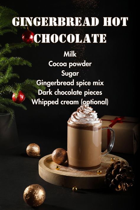 Gingerbread hot chocolate topped with whipped cream and a sprinkle of ground ginger, with a gingerbread cookie on the side. Powdered Hot Chocolate Recipe, Hot Chocolate Flavors, Gingerbread Drink, Cucumber Subs, Fancy Hot Chocolate, Gingerbread Hot Chocolate Recipe, Hot Cocoa Drink, Apple Cider Hot Toddy, Winter Drink Recipes