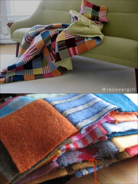 Blanket Upcycle, Wool Blankets Diy, Wool Blanket Upcycle, Old Sweater Crafts, Repurposed Sweaters, Recycled Blankets, Sweater Quilt, Sweater Blanket, Wool Ideas