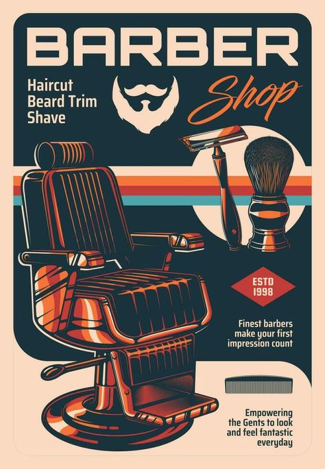 Barber shop vector vintage advertising poster Barber Poster, Barber Shop Vintage, Shop Vector, Barber Haircut, Classic Armchair, Vintage Advertising Posters, Razor Blade, Shaving Brush, Beard Trimming