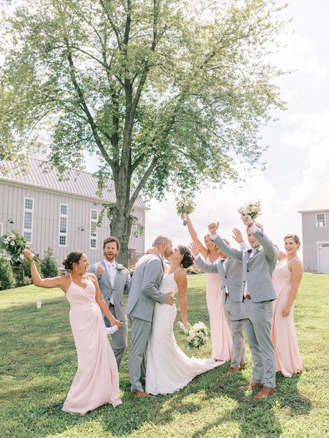 Light Pink Wedding Colors Scheme, Light Pink Bridesmaids Grey Groomsmen, Blush And Light Grey Wedding, Blush Pink Bridal Party, Grey And Pink Wedding Theme, Light Pink And Grey Wedding, Pink And Gray Wedding Theme, Blush Pink And Grey Wedding, Rustic Wedding Summer