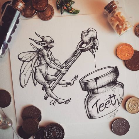 Tooth Fairy Tattoo Designs, Tooth Fairy Concept Art, Creepy Fairy Tattoo, Tooth Fairy Tattoo, Tooth Fairy Drawing, Creepy Tooth Fairy, Lulu Core, Tooth Fairy Art, Tooth Painting