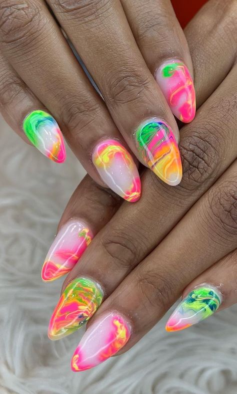 @nailsbytim6 Wilderness Nails, Fruit Acrylic Nails, 80s Nail Art, Short Neon Nails, 80s Nails, Acrylic Nails Summer, Summer Nails Designs, Girls Nail Designs, Colors Nails