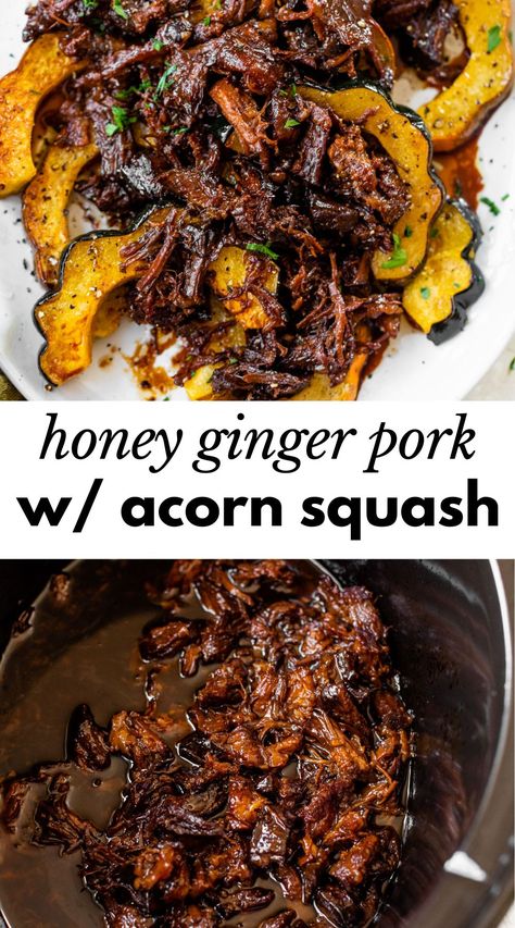 In this Honey Ginger Pork with Acorn Squash recipe, slow-cooked honey ginger pulled pork is topped on tender pieces of winter squash. It’s a fancy fall dish that doubles as a healthy comfort food! Pork And Squash Recipes, Acorn Squash Slow Cooker, Acorn Squash Crockpot Recipes, Fall Pork Recipes, Honey Squash Recipe, Low Calorie Pork Recipes, Pork Squash Recipe, Fall Pork Chop Recipes, Honey Nut Squash Recipe