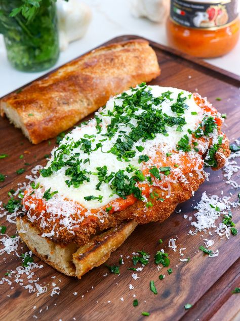 Vodka Sauce Chicken Parmesan Sandwich Chicken Parmesan Recipe Sandwich, Ciabatta Bread Dinner Ideas, Breaded Chicken Meal Ideas, Chicken Parmesan Sandwich Easy, Vodka Sauce Chicken Parm, Chicken Parmesan Subs, Vodka Chicken Parm Sandwich, Chicken Parm Sandwiches, Chicken Cutlet Sandwich Recipes