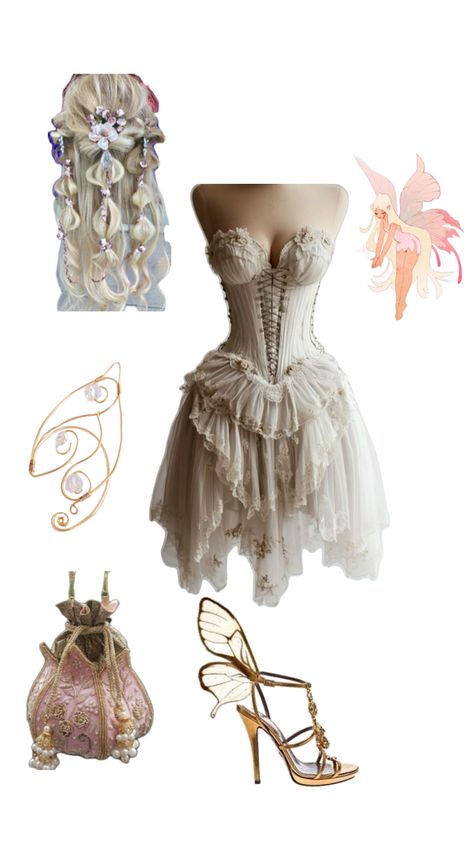 Fairy dress, fairy heels, fairy bag, boho dress, outfit inspo Moon Fairy Outfit, Fairy Costume Outfit, Fairy Halloween Costumes Aesthetic, Etheral Outfit Ideas, Garden Fairy Aesthetic Outfit, Modern Fairy Aesthetic Clothes, Modern Fairy Aesthetic, Forest Fairy Outfit, Fairy Outfit Ideas