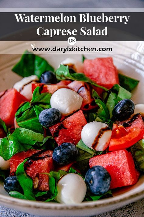 Fourth Of July Caprese Salad, Blueberry Caprese Salad, Watermelon Caprese, Watermelon Mozzarella Salad, Watermelon Caprese Salad, Blueberry Salad, Mozzarella Salad, Fresh Salad Recipes, Watermelon Salad