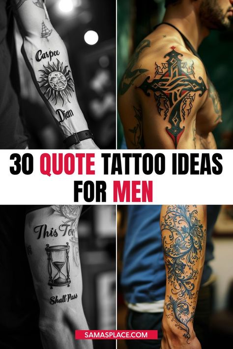 Quote tattoo ideas for men, featuring inspirational words or phrases in stylish font designs Respect The Past Create The Future Tattoo For Men, Motto Tattoo Ideas, Life Quote Tattoos For Guys, Roman Quotes Tattoos, Short Sayings For Tattoos, Quote Tattoo Ideas For Men, Writing Tattoos For Men, Quotes Tattoos For Men, Deep Meaningful Tattoos For Men