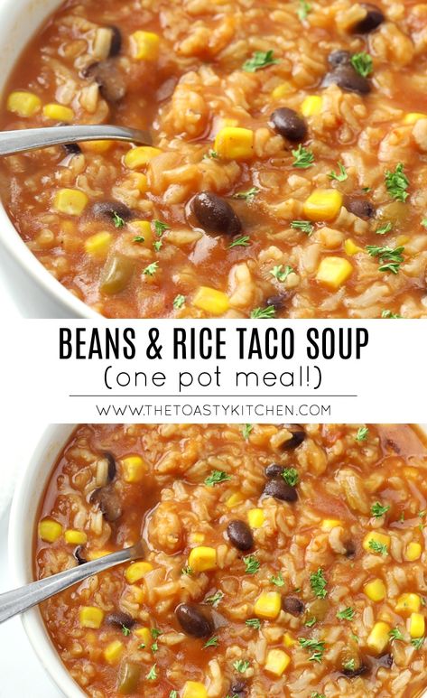 Rice And Beans Soup, Easy Meatless Soup Recipes, Bean And Rice Soup Recipes, Vegan No Dairy Recipes, Vegetarian Rice Soup Recipes, Vegetarian Gluten Free Soup Recipes, Easy Beginner Vegan Recipes, Heathly Easy Meals, Healthy Cornmeal Recipes