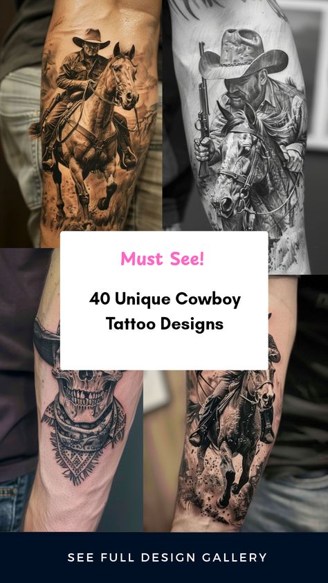 Looking for inspiration? Here are 40 unique cowboy tattoo designs that blend Western charm and creativity. From striking cowboy skull tattoos to dynamic images of cowboys riding horses, these tattoos capture the spirit of the Wild West. Whether you're a seasoned tattoo lover or thinking of your first piece, these ideas will ignite your imagination and help you find the perfect design. Let the allure of rugged individualism and freedom guide your choice of body art with these cowboy-themed tattoos. Cowboy Tattoo Ideas, Doc Holliday Tombstone, Tombstone Tattoo, Cowboy Tattoo, Cool Cowboy, Cowboy Skull, Praying Hands Tattoo, Design Your Own Tattoo, Themed Tattoos