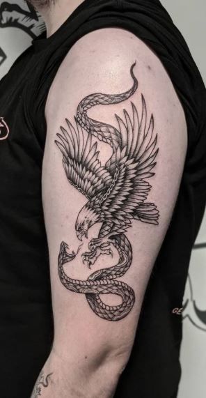 Eagle Snake Tattoo Design, Bird Snake Tattoo, Eagle Catching Snake Tattoo, Mexican Eagle And Snake Tattoo, Eagle Eating Snake Tattoo, Eagle Holding Snake Tattoo, Bird And Snake Tattoo, Eagle Snake Tattoo Traditional, Snake Bicep Tattoo