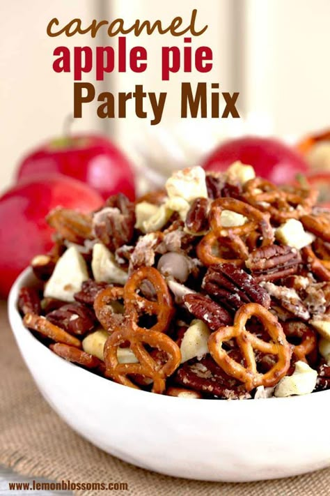 This Caramel Apple Pie Party Mix is loaded with caramelized pecans, pretzels, dried apples and caramel chips. This snack mix is a bit crunchy, a bit sweet and as delicious as homemade apple pie! #appleweek #sponsored #snack #trailmix #partymix #caramel #recipe #fall via @lmnblossoms Apples And Caramel, Caramel Chips, Caramelized Pecans, Fall Snack Mixes, Trail Mix Recipes, Homemade Apple Pie, Pie Party, Chex Mix Recipes, Caramel Apple Pie