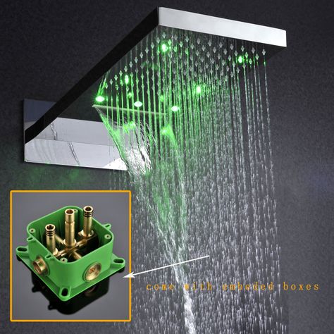 led shower head rainfall waterfall dual function shower heads with embeded wall mounted box 230x554x30mm led overhead shower Best Rain Shower Head, Modern Shower Head, Rain Shower Heads, Rain Shower System, Led Shower Head, Standing In The Rain, Bathroom Shower Heads, Bathroom Installation, Waterfall Wall