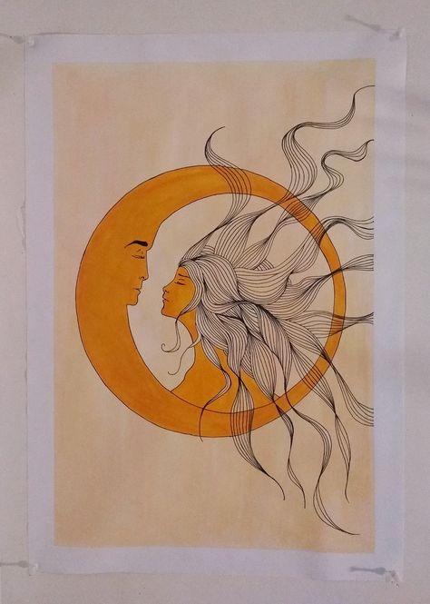 impossible love of the moon and sun Orange Moon Tattoo, Impossible Love Art, Sun And Moon Watercolor, Moon And Sun Illustration, Sun And Moon Lovers, Sun And Moon Illustration, Moon And Sun Painting, Sun And Moon Wallpaper, Sun And Moon Art