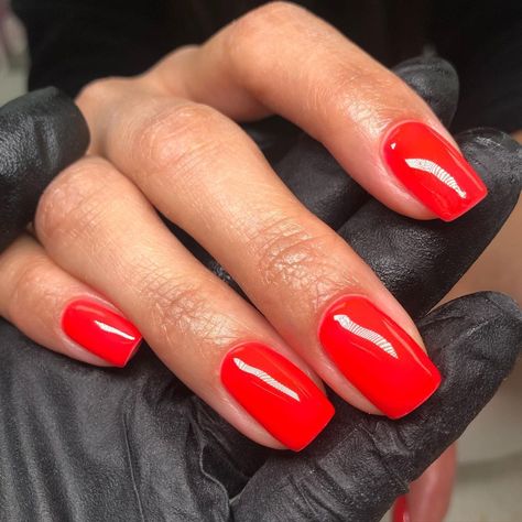 Red Nails Square Short, Red Multi Colored Nails, Squoval Red Nails, Red Square Nails Short, Red Squoval Nails, Red Amber Nails, Bright Red Nail Color, Red Orange Gel Nails, Short Square Red Nails