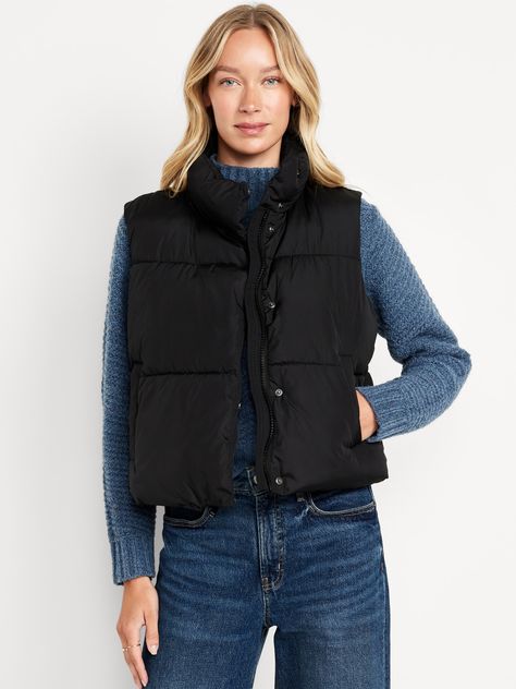 standing collar sleeveless hidden snap front welt pockets relaxed fit hits at hip models are approx.  5'9" and wear sizes s (4), l (12) and xl (18)machine wash according to the care instruction label Quilted Puffer Vest, Black Puffer Vest, Black Puffer, Puffer Vest, Old Navy, Puffer, Collar, Navy, White