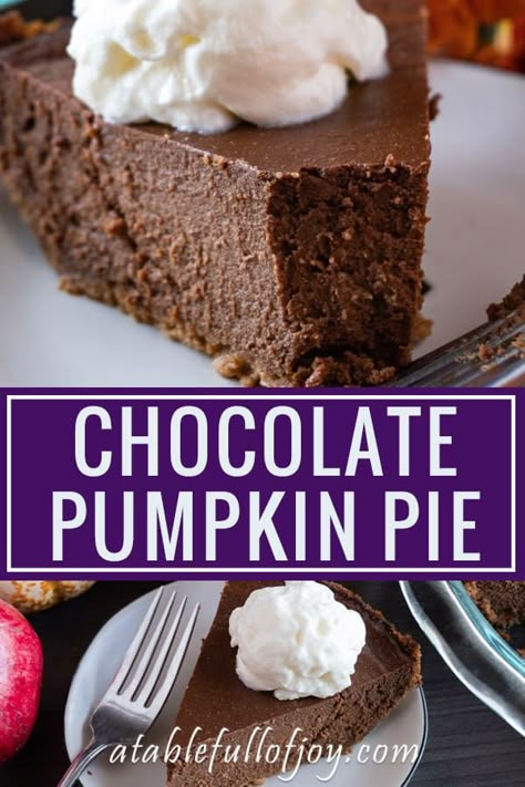 This chocolate pumpkin pie is an easy spin on the classic pumpkin pie. Rich and chocolaty- you can’t go wrong! #atablefullofjoy #chocolate #chocolatepie #chocolatepumpkinpie #pie #pumpkinpie #thanksgiving Pumpkin Pie Easy, Pumpkin Pie Cheesecake Recipe, Pumpkin Pie Bars Recipe, Chocolate Pumpkin Pie, Games Thanksgiving, Classic Pumpkin Pie, Low Carb Pumpkin Pie, Pumpkin Pie Spice Recipe, Pumpkin Pie Recipe Easy