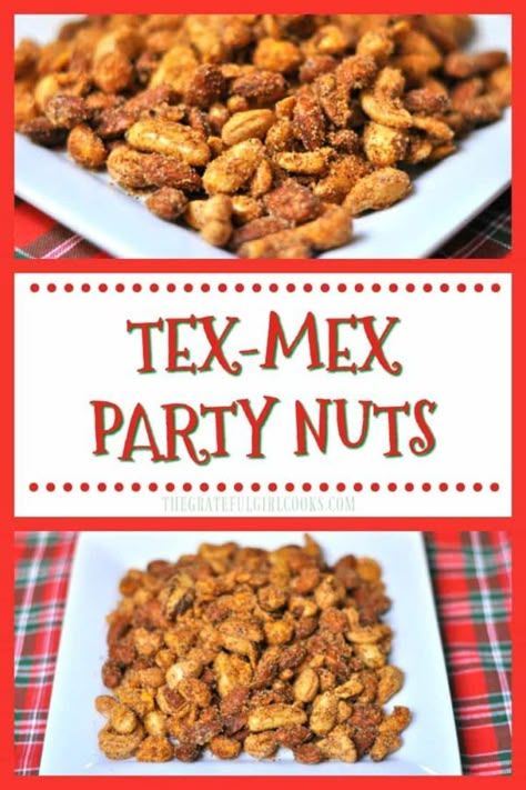 Tex Mex party nuts are slightly sweet and slightly spicy! These Southwest flavor-inspired roasted mixed nuts will be a big hit at your next party! / The Grateful Girl Cooks! Snack Nuts Recipes, Spicy Roasted Nuts Recipe, Snacks For Cookout, Flavored Peanuts Recipes, Spiced Peanuts Recipes, Seasoned Peanuts Recipes, Spicy Trail Mix Recipes, Nut Mix Recipe, Tex Mex Party