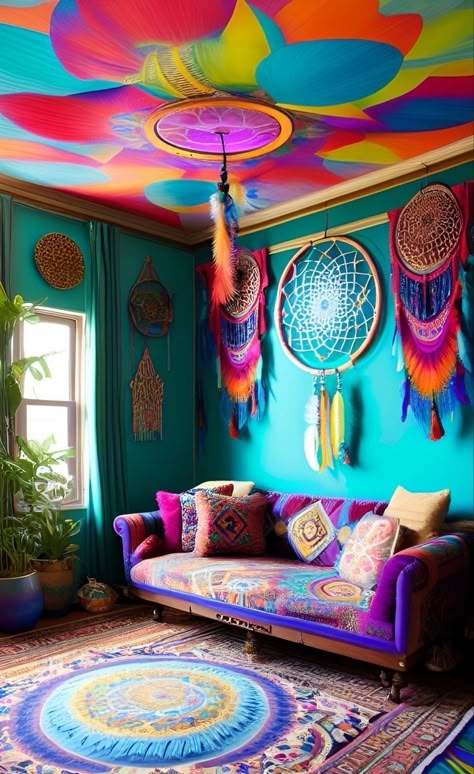 Hippie, Bohemian lifestyle. Take off your flip flops & wander thru this beautiful place. Smell the incense wafting thru the air. The sound of gongs, wind chimes, & crystal bowls singing to your soul. Know that the universe loves you and you can accomplish anything you set your mind to. Hippie Living Room Decor, Hippie House, Fantasy Furniture, Hippie Homes, Bohemian House, Bohemian Bedroom Decor, Hippie Decor, Boho Room, Deco Furniture