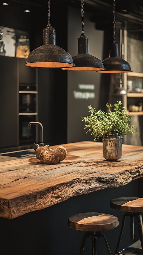 Rustic kitchen island with reclaimed timber countertop, pendant lights above, creating a warm ambiance in a cozy home. Statement Kitchen Island, Live Edge Island Kitchen, Timber Countertop, Rough Wood Texture, Wood Lighting Fixtures, Live Edge Kitchen, Statement Kitchen, Glamorous Kitchen, Functional Kitchen Island