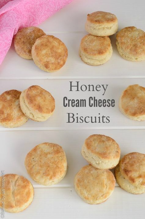 Bake up a large batch of these homemade Honey Cream Cheese Biscuits! They are easy to make, great alongside your favorite meal, and so tasty! They are even great alone with a pat of butter. | @introvertbaker bakedbyanintrovert.com Honey Cream Cheese, Cream Cheese Biscuits, Honey Cream, Cheese Biscuits, Biscuit Bake, Bread Bun, Cream Cheese Recipes, Breakfast Treats, Biscuit Recipe