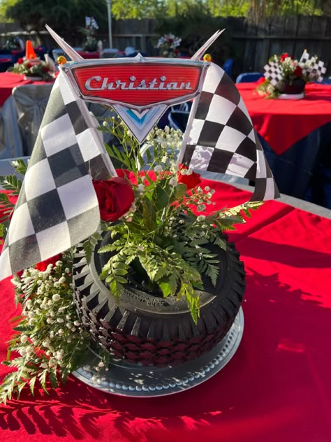 #Pixarcars #McQueen Party #tirecenterpiece Race Car Banquet Ideas, Cars Theme Table Decor, Cars Movie Centerpieces, Disney Cars Wedding Theme, Car Theme Centerpieces, Car Birthday Centerpieces, Disney Cars Centerpieces Ideas, Lightning Mcqueen Birthday Centerpieces, Pixar Cars Dessert Table