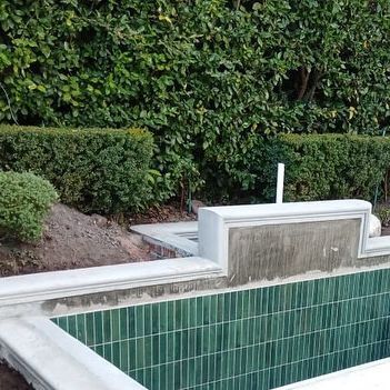 Tone Alexander Design Studio on Instagram: "This tiny little emerald gemstone pool is almost complete . It always amazes me how the little ones take the longest . Can’t wait for the custom made spouts to arrive . Lume green tiles from @pudlo #tonealexanderdesignstudio" Green Tile Swimming Pool, Pool With Green Tile, Emerald Green Pool Tiles, Vertical Pool Tile, Green Tile Pool, Green Pool Tiles, Italian Pools, Dark Green Tile, Pool Plaster