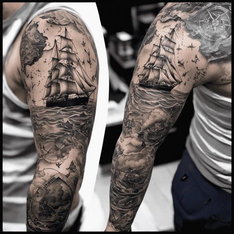 95 Ocean Tattoo Ideas Created with Ai | artAIstry Ocean Men Tattoo, Ocean Arm Sleeve Tattoo, Ocean Tattoo Men, Ocean Sleeve Tattoos For Guys, Ocean Forearm Tattoo, Waves Tattoo Sleeve, Sea Tattoo Men, Marine Tattoo For Men, Ocean Scene Tattoo