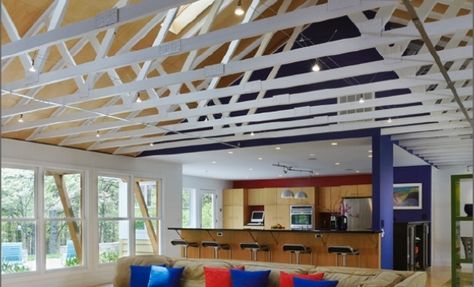 Google Image (no ceiling) Ceiling Trusses Exposed, Roof Truss Design Exposed Beams, Open Truss Ceiling Exposed Rafters, Exposed Roof Trusses Ceilings, Montana Interior, Truss Ceiling, Ceiling Trusses, Cozy Bookstore, Exposed Ceiling