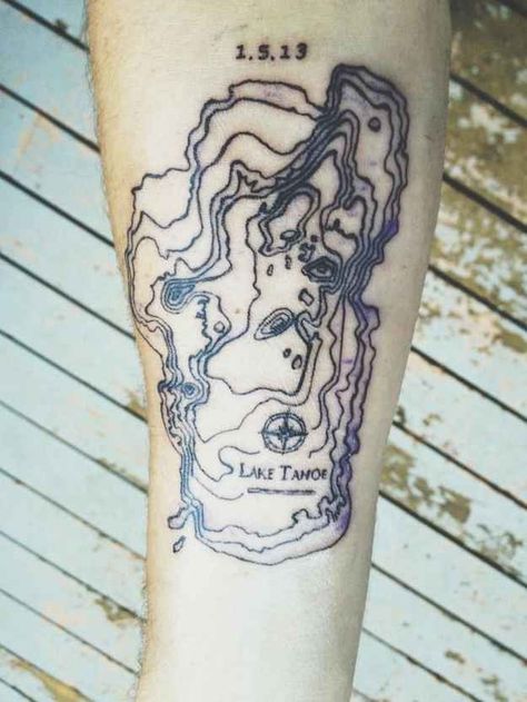 Topo map of Lake Tahoe | 43 Rad Tattoos To Pay Tribute To Your Favorite Place Reno Nevada Tattoo Ideas, Topographic Tattoo, Tahoe Tattoo Ideas, Topographic Map Tattoo, Lake Tahoe Tattoo, Tahoe Tattoo, California Tattoos, Lake Tattoo, Map Tattoo