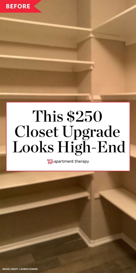 This $250 diy closet upgrade looks high end. #closet #closetideas #closetupgrade #builtins #shelving #closetstorage #storageideas #storagehacks #storageideas #customshelving Building A Hall Closet, L Shape Closet Organization Ideas, Closet Redo Ideas, Diy Closet With Drawers, Builder Grade Master Closet, Budget Closet Makeover, Closet Before And After, Dresser In Walk In Closet, Closet Redo Diy