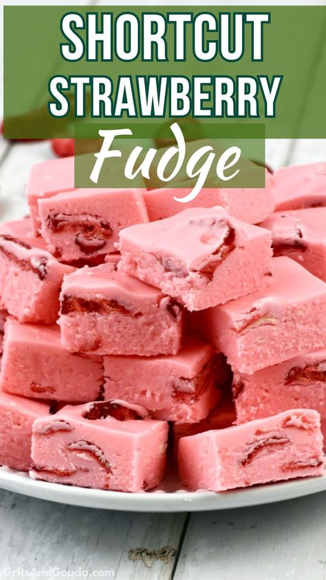 This easy Strawberry Fudge recipe has just 2 ingredients and 3 minutes prep time, thanks to a couple of shortcuts! No marshmallow fluff and no candy thermometer needed! The microwave and store-bought frosting makes this pretty pink fudge simple to make for parties and showers. Strawberry Fudge 2 Ingredient, Marshmallow Fluff Fudge Recipes, 2 Ingredient Fudge Using Frosting, Fudge With Marshmallow Fluff, Strawberry Cheesecake Fudge, Pink Fudge, Frosting Fudge, Strawberry Fudge Recipe, Marshmallow Fluff Fudge