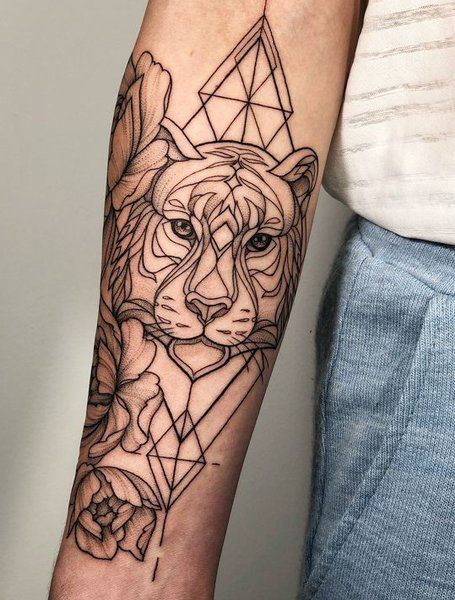 Geometric Tiger Tattoo, Geometric Bear Tattoo, Forearm Tattoos For Women, Geometric Mountain Tattoo, Geometric Arrow Tattoo, Geometric Tiger, Geometric Lion Tattoo, Cool Half Sleeve Tattoos, The Trend Spotter