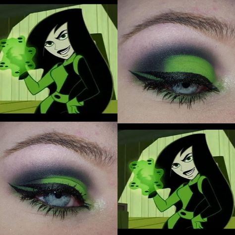 Shego Eye Makeup, Shego Cosplay Makeup, Shego Halloween Makeup, Shego Costume Makeup, Black Shego Costume, Shego Lipstick Look, Sheego Makeup, Shego Hairstyle, Shego Rave Outfit