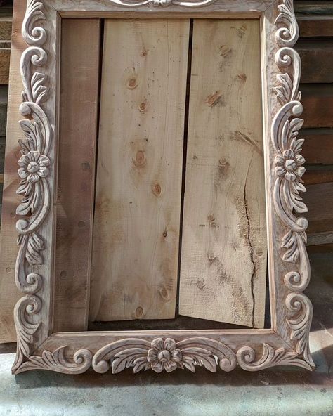 Portrait/ mirror frame = 7000 ksh Pre🛒order ☎️: 0729 600 494 . #Mkerezo_Furniture_001 #mirrorframe #potrait #handcrafted Portrait Mirror, Carved Wood Wall Decor, Wood Carving Furniture, Wood Craft Patterns, Antique Wall Decor, Modern Cupboard Design, Door Design Images, Antique Picture Frames, Picture Frame Designs