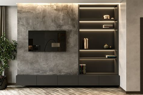 Tv Unit Design Modern Grey, Grey Tv Wall, Grey Tv Unit, Modern Tv Room, Modern Tv Unit Designs, Tv Unit Design Modern, Tv Unit Furniture Design, Grey Wall Decor, Tv Cabinet Design