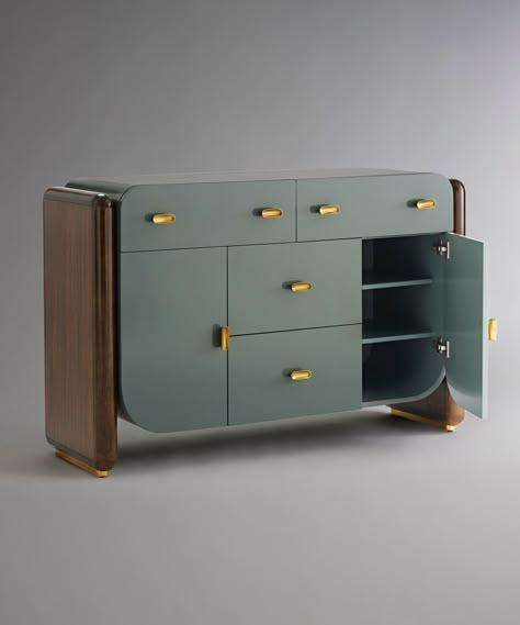 The story of “Scroll”, a Thessaly Green lacquered chest held by two Eucalyptus sides, opens like puzzle pieces via pill-shaped hardware. #MOUSScroll #Furniture #Design #Lacquer Crockery Design, Elevator Interior, Nyc Interior Design, House Interior Design Styles, Console Furniture, Interior Design Presentation, Multipurpose Furniture, Brass Drawer Pulls, Cabinetry Design