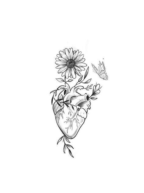 And The Angels Cried You Will Save Lives Tattoo, Cute Nursing Tattoos, Anatomical Heart Flower Tattoo, Heart With Sunflower Tattoo, Heart With Flowers Tattoo Simple, Heart With Flowers Drawing, Heart And Butterfly Tattoo, Anatomical Heart Tattoo With Flowers, Heart And Flower Tattoo