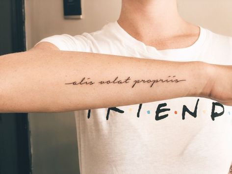 Forearm Script Tattoo, Forearm Word Tattoo, Wrist Tattoos Quotes, Latin Quote Tattoos, Arm Quote Tattoos, Latin Tattoo, Wrist Tattoo Cover Up, Phrase Tattoos, Tattoo Wrist