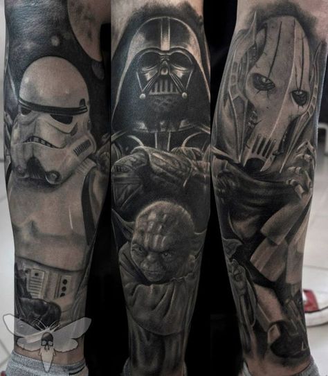 Star Wars Tattoos for Men - Best Designs and Ideas for Guys Star Wars Sleeve, Star Wars Tattoo Sleeve, Star Wars Tattoo Ideas, Tattoo Star, Muster Tattoos, Theme Tattoo, Leg Sleeve Tattoo, Star Wars Tattoo, Star Wars Film