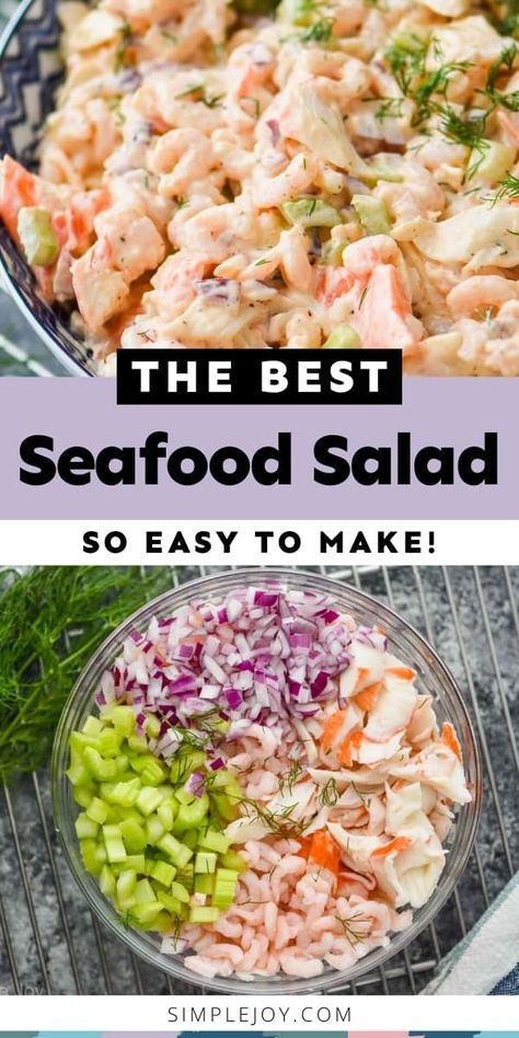 This Seafood Salad recipe only takes about 10 minutes to throw together and is so much better than what you buy at the grocery store. Seafood Pasta Salad Recipe, Crab Meat Salad, Seafood Salad Recipe, Crab Pasta Salad, Shrimp Pasta Salad, Great Salad Recipes, Seafood Salad Pasta, Crab Pasta, Crab Salad Recipe